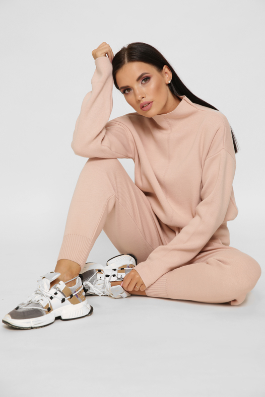 Пудровый вязаный спортивный костюм 55134 xp-2512 Пудровый вязаный спортивный костюм 55134 xp-2512